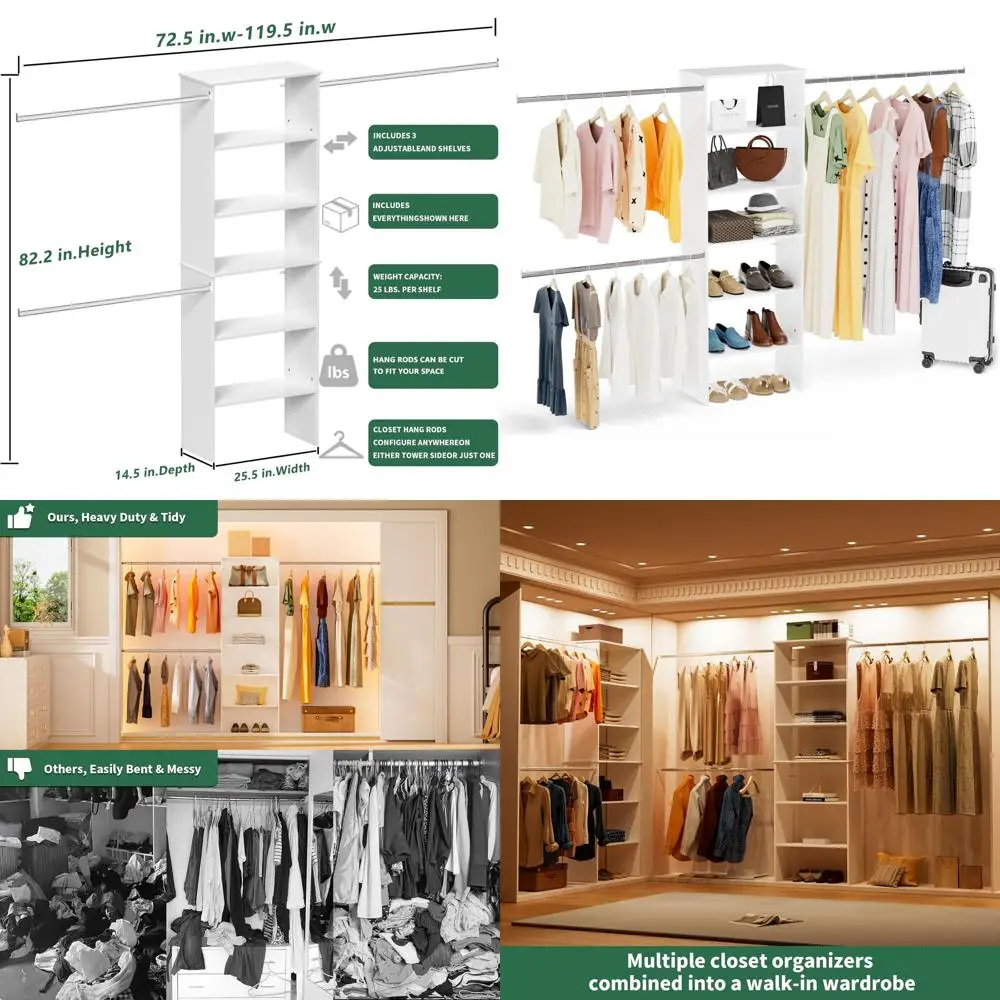25.5 Wide Wall-Mounted Closet Organizer with Wood Tower & 3 Hanging Rods, Ideal for Wardrobe or Walk-In Closets, White
25.5 Wide Wall-Mounted Closet Organizer with Wood Tower & 3 Hanging Rods, Ideal for Wardrobe or Walk-In Closets, White