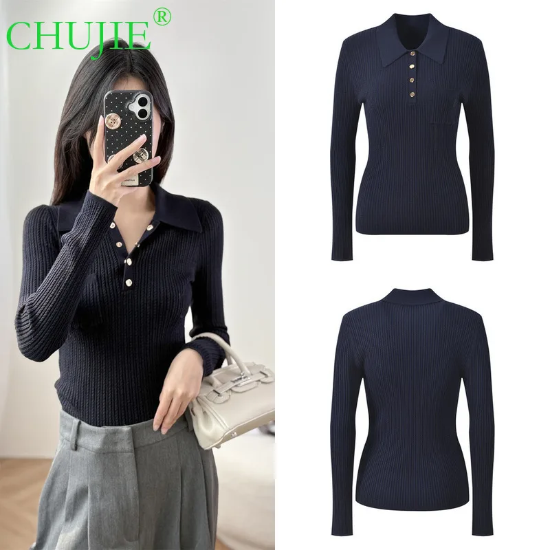 CHUJIE 2022, осенний новый французский нишевый дизайн, темно-синий ребристый вязаный пуловер с отложным воротником, облегающий топ
CHUJIE 2022, осенний новый французский нишевый дизайн, темно-синий ребристый вязаный пуловер с отложным воротником, облегающий топ