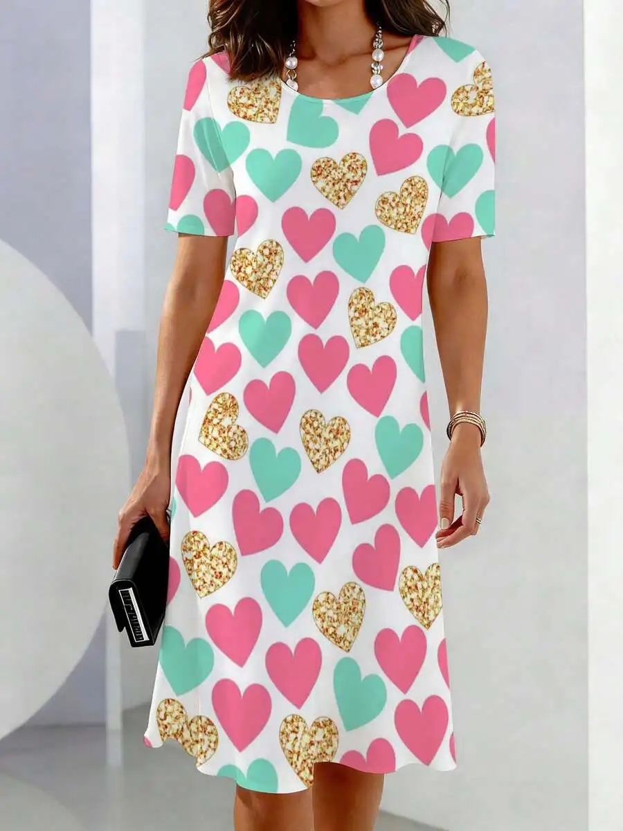 Womens Casual Heart Print Short Sleeve Crew Neck Dress For Leisure
Womens Casual Heart Print Short Sleeve Crew Neck Dress For Leisure