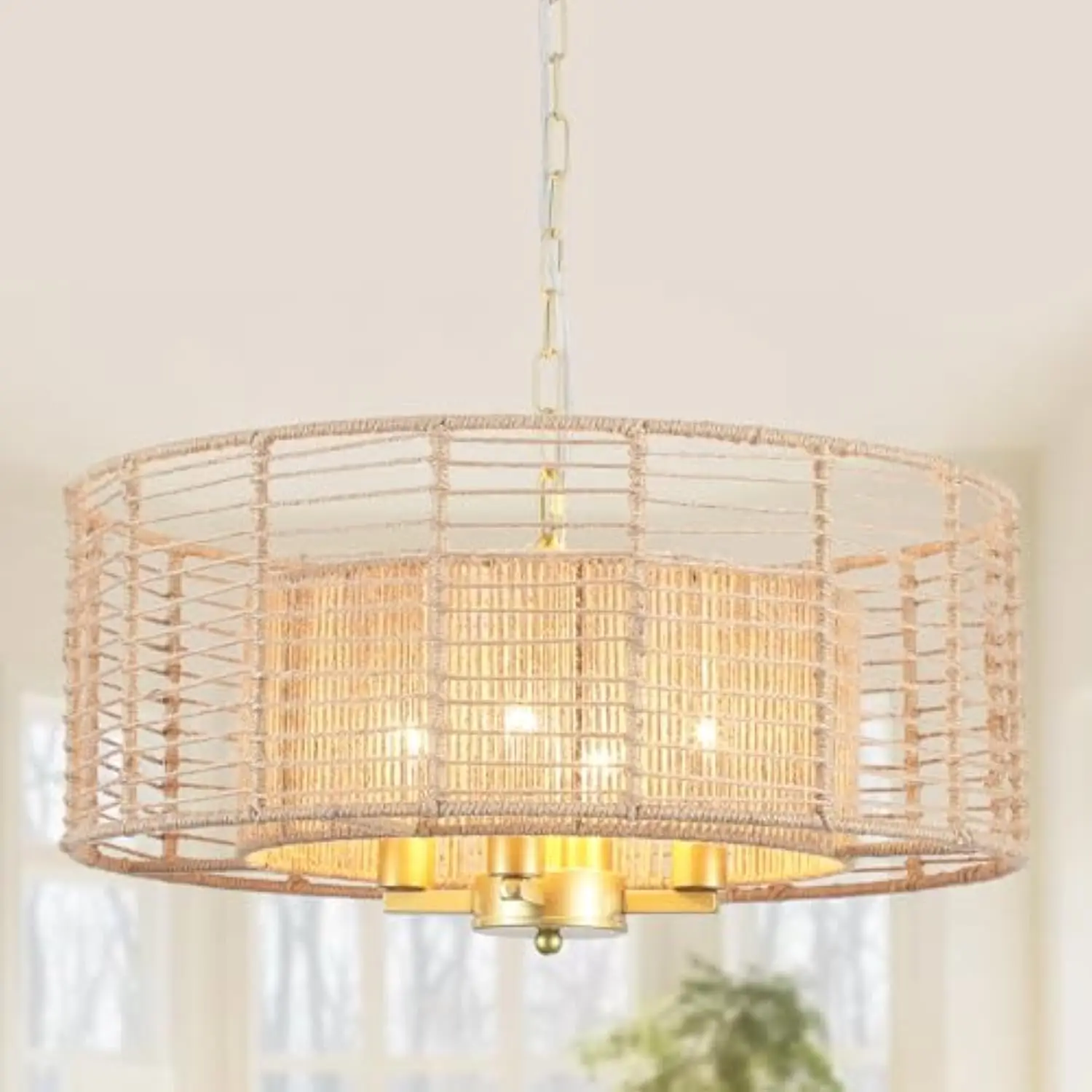 Hand Woven Rattan Chandelier - 19.9” Boho Wicker Pendant Light, Vintage Farmhouse Drum Gold Chandeliers, Large 4-Light Fixture
Hand Woven Rattan Chandelier - 19.9” Boho Wicker Pendant Light, Vintage Farmhouse Drum Gold Chandeliers, Large 4-Light Fixture