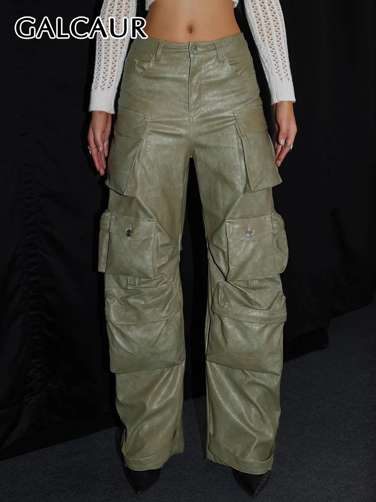 GALCAUR Streetwear Solid Leather Trousers For Women High Waist Patchwork Pockets Minimalist Fashion Loose Cargo Pants Female New
GALCAUR Streetwear Solid Leather Trousers For Women High Waist Patchwork Pockets Minimalist Fashion Loose Cargo Pants Female New