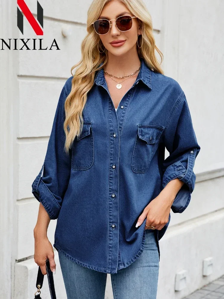 Women Denim Blouses Long Sleeve Tops Turn Down Collar Shirts Single Breasted Loose Shirt Button Pockets Casual Female Clothing
Women Denim Blouses Long Sleeve Tops Turn Down Collar Shirts Single Breasted Loose Shirt Button Pockets Casual Female Clothing