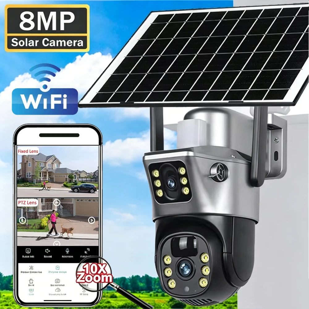 8MP Wireless WiFi Solar Camera Dual Lens Dual Screen Outdoor PIR Humanoid Tracking Night Vision IP Camera V380 Pro Video Monitor
8MP Wireless WiFi Solar Camera Dual Lens Dual Screen Outdoor PIR Humanoid Tracking Night Vision IP Camera V380 Pro Video Monitor
