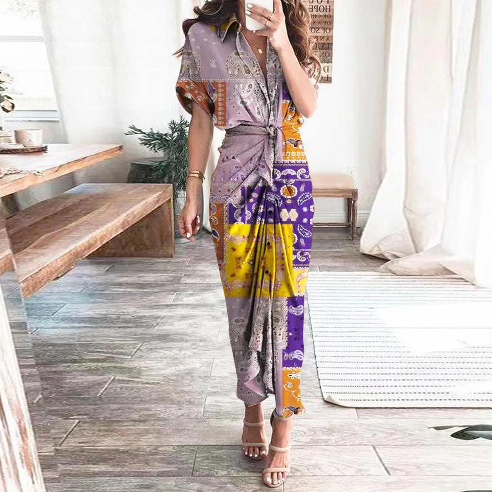 Women's Long Shirt Dress Casual Short Sleeve Ruched Lace-up Bandage Boho Printed Slim Pencil Dresses Female Elegant Maxi Robe
Women's Long Shirt Dress Casual Short Sleeve Ruched Lace-up Bandage Boho Printed Slim Pencil Dresses Female Elegant Maxi Robe