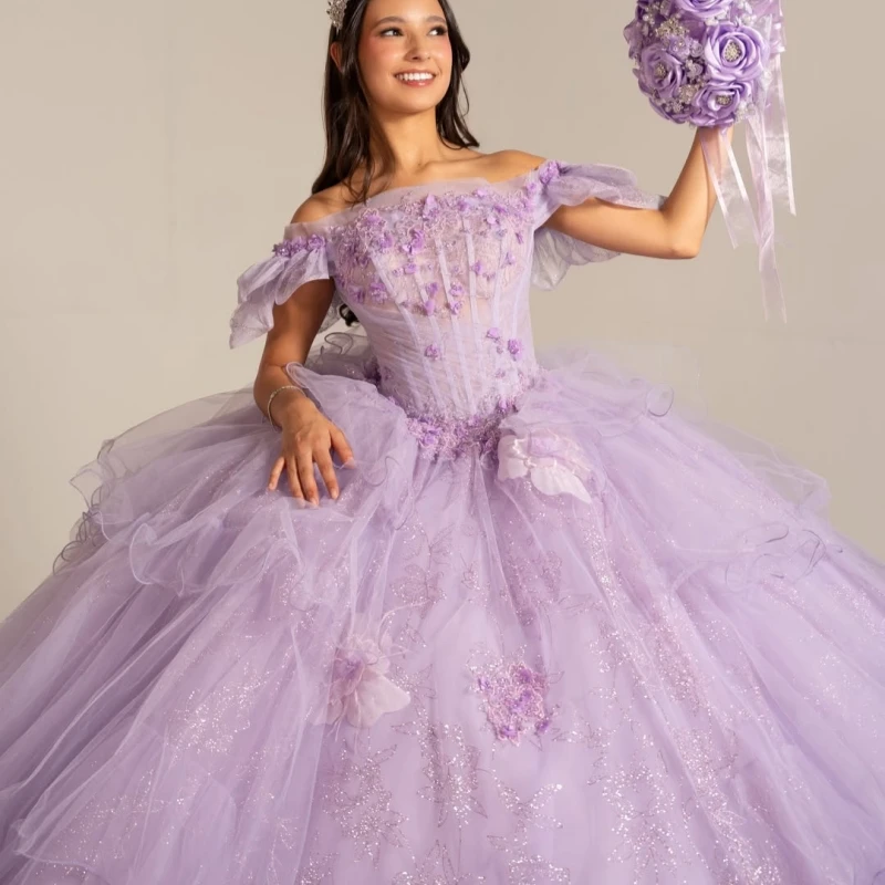 Light lilac Shiny Ball Gown Quinceanera Dresses Applique Flower Beading Crystal Tiered Tull Corset Off The Shoulder Sweet 16
Light lilac Shiny Ball Gown Quinceanera Dresses Applique Flower Beading Crystal Tiered Tull Corset Off The Shoulder Sweet 16
