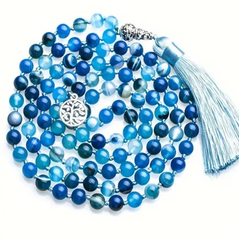 Натуральное ожерелье-мала из синего полосатого агата (108 бусин) с светло-голубым кисточком и подвеской «Древо Жизни», духовное украшение
Натуральное ожерелье-мала из синего полосатого агата (108 бусин) с светло-голубым кисточком и подвеской «Древо Жизни», духовное украшение