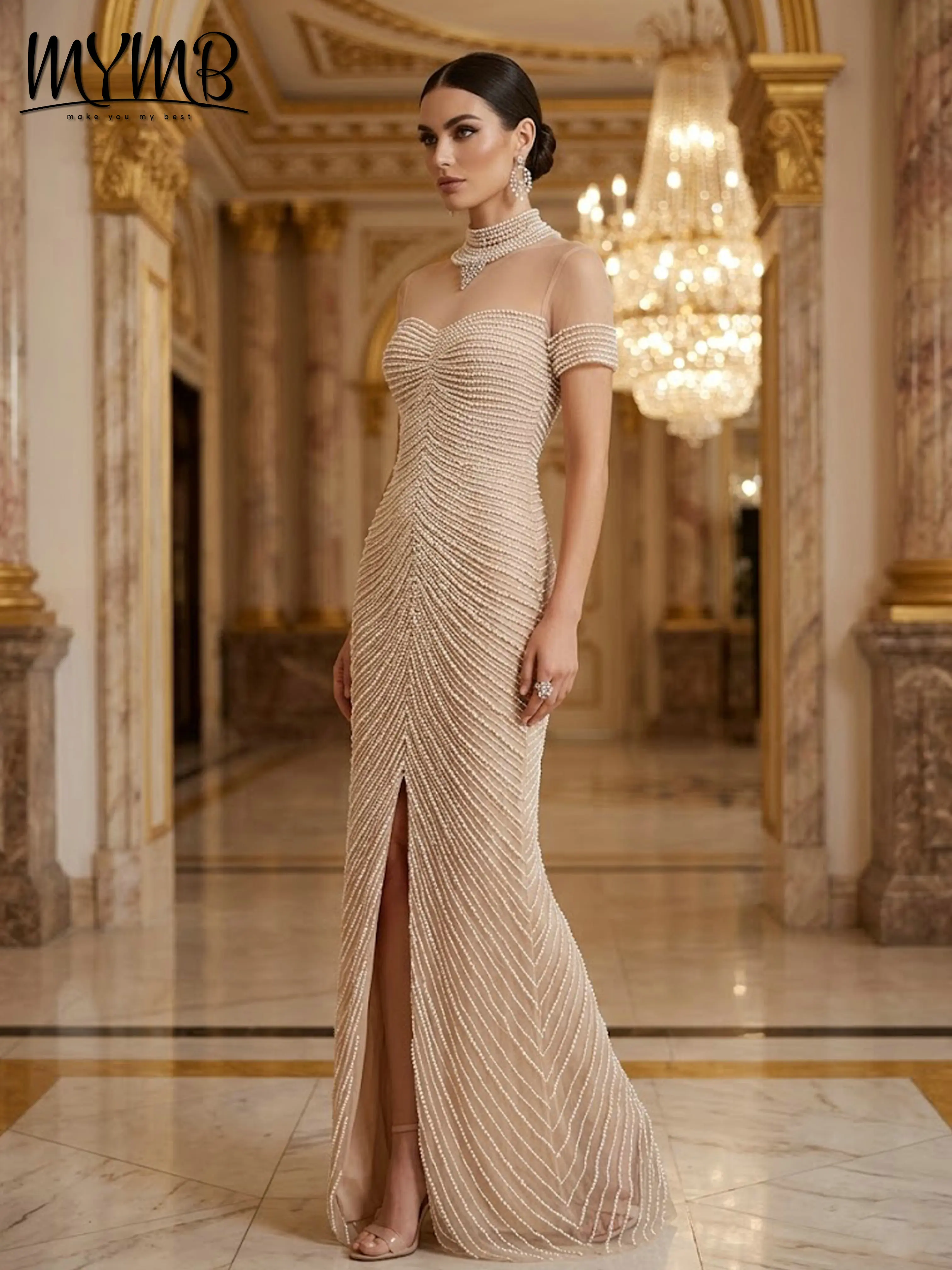 MYMB Elegant Full Pearls Beaded Prom Dresses Illusion Neck Short Sleeve High Slit Luxury Formal Evening Gown for Wedding MC20149
MYMB Elegant Full Pearls Beaded Prom Dresses Illusion Neck Short Sleeve High Slit Luxury Formal Evening Gown for Wedding MC20149