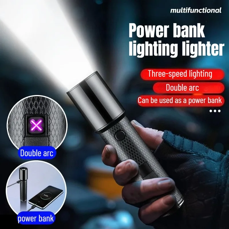 New Metal Multifunction Charging Lighter Three-speed Strong Light Flashlight Cigarette Lighter with Double Arc Charging Treasure
New Metal Multifunction Charging Lighter Three-speed Strong Light Flashlight Cigarette Lighter with Double Arc Charging Treasure