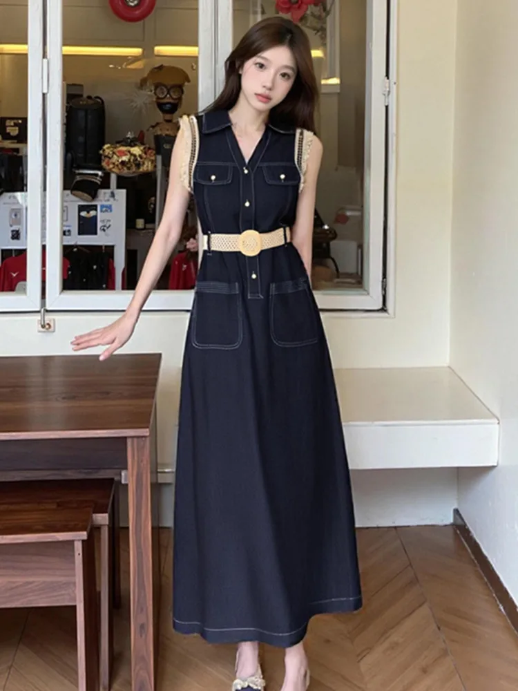 High Quality Retro Denim Summer Dress 2025 New Korean Fashion Sleeveless High Waist Slimming A-line Long Dresses For Women 
High Quality Retro Denim Summer Dress 2025 New Korean Fashion Sleeveless High Waist Slimming A-line Long Dresses For Women