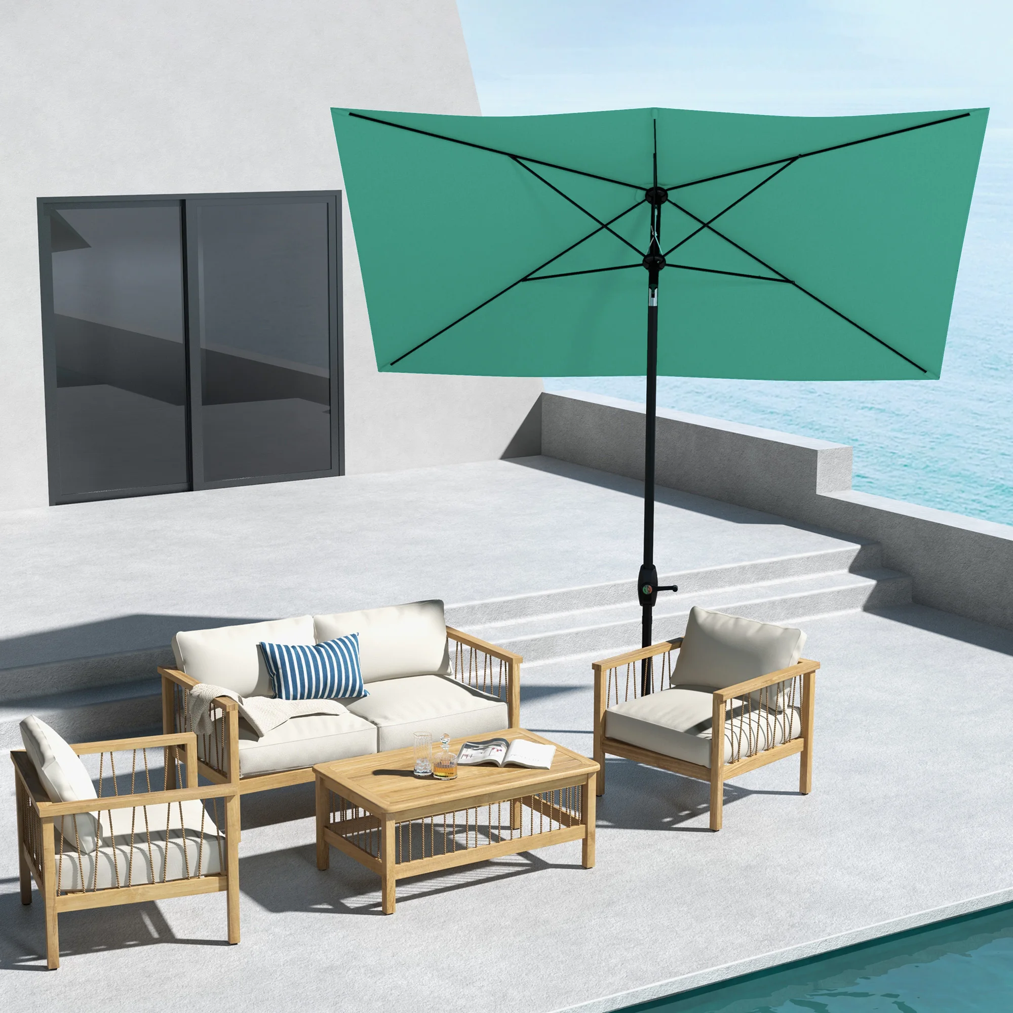 6.5' X 10' Rectangular Market Umbrella, Patio Outdoor Table Umbrella with Crank and Push Button Tilt, Teal
6.5' X 10' Rectangular Market Umbrella, Patio Outdoor Table Umbrella with Crank and Push Button Tilt, Teal