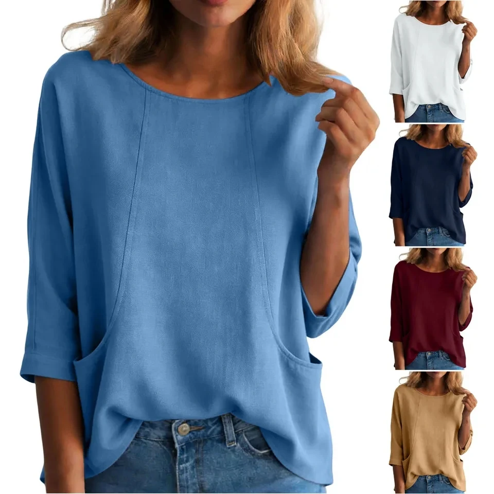 Women Elegant 3/4 Sleeves Work Blouses 2026 Spring Summer Cotton Linen Shirt Casual O Neck Solid Loose Tops With Pockets Blusas
Women Elegant 3/4 Sleeves Work Blouses 2026 Spring Summer Cotton Linen Shirt Casual O Neck Solid Loose Tops With Pockets Blusas