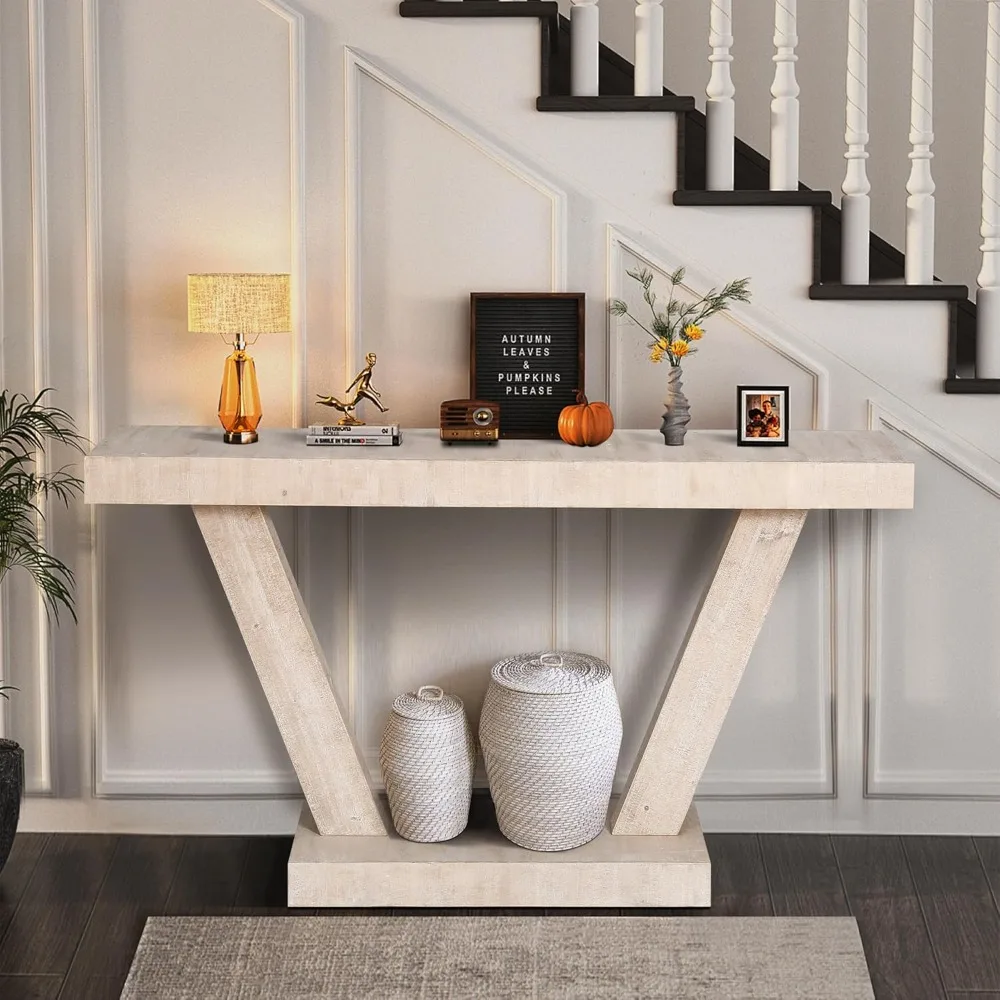 60" Wood Console Table, Modern Minimalist Long Sofa Table Behind Couch with Stable Trapezoidal Base and 2-Tier Solid Wood Veneer 
60" Wood Console Table, Modern Minimalist Long Sofa Table Behind Couch with Stable Trapezoidal Base and 2-Tier Solid Wood Veneer