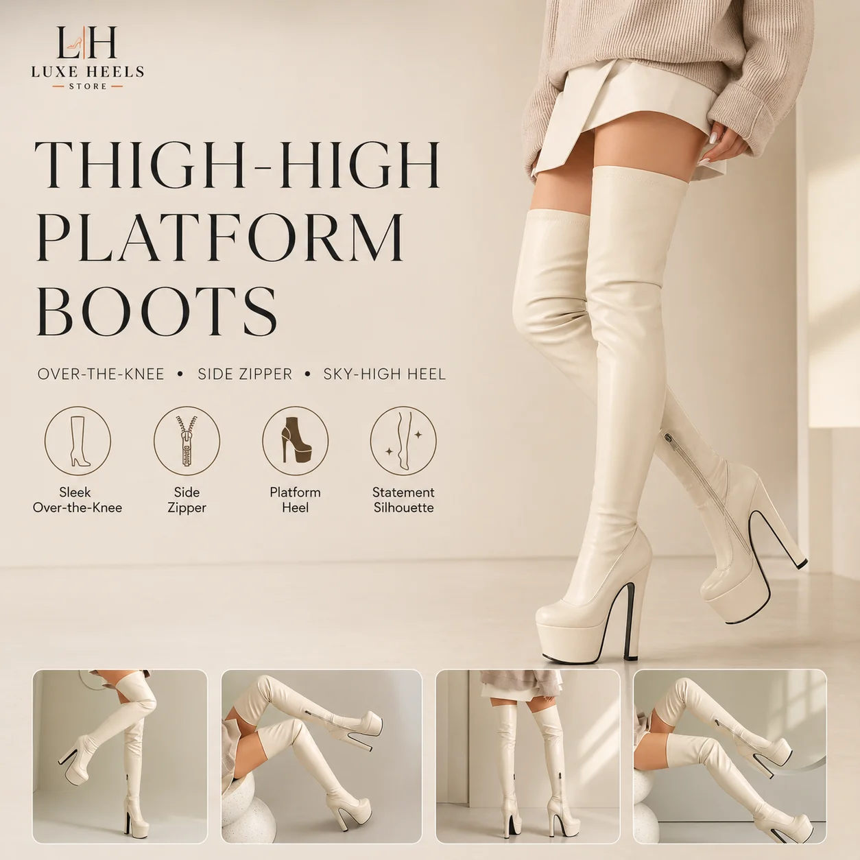Women Beige Pu Leather Over Knee Platform Chunky Heel Boots, Side Zipper Fashion Sexy Pole Dance Club Party Thigh High Boots
Women Beige Pu Leather Over Knee Platform Chunky Heel Boots, Side Zipper Fashion Sexy Pole Dance Club Party Thigh High Boots