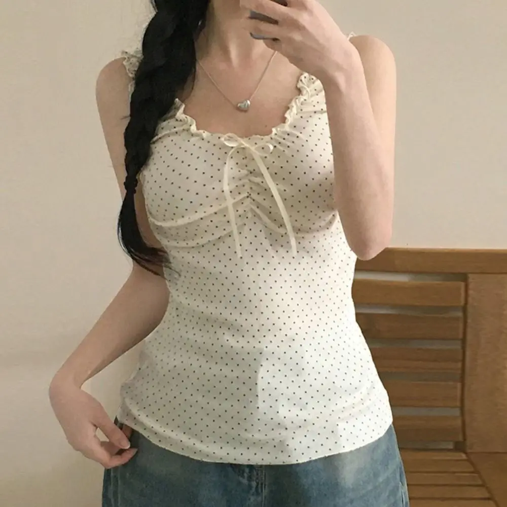 Vintage Polka Dot Tank Top Ruffled Edge Bowknot Camisole Vest Elegant Sweet Sleeveless Top Summer
Vintage Polka Dot Tank Top Ruffled Edge Bowknot Camisole Vest Elegant Sweet Sleeveless Top Summer
