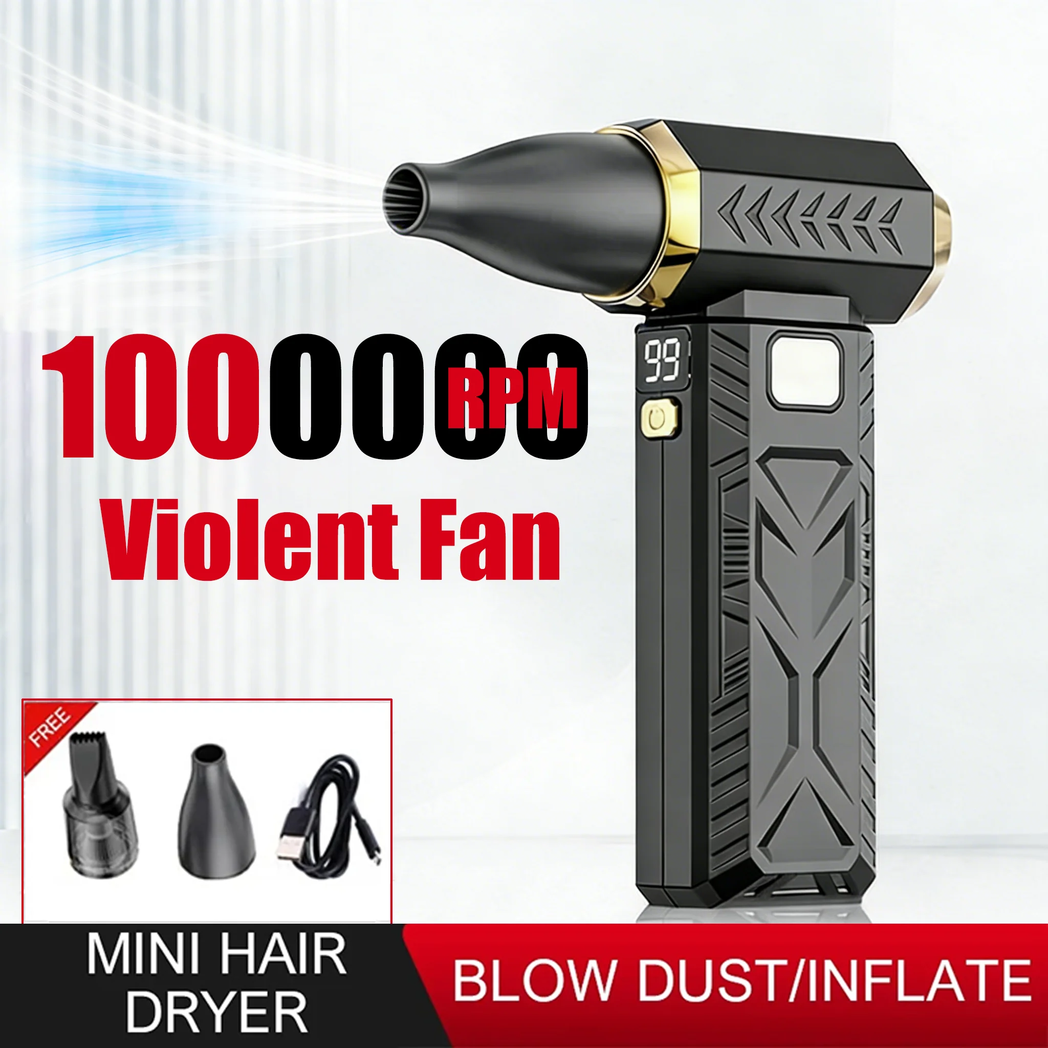 1000000RPM Violent Fan Super Powerful Air Blower Vacuum Blowing Suction Led Lighting 6-Speed Regulation Brushless Turbo Hot Sale
1000000RPM Violent Fan Super Powerful Air Blower Vacuum Blowing Suction Led Lighting 6-Speed Regulation Brushless Turbo Hot Sale