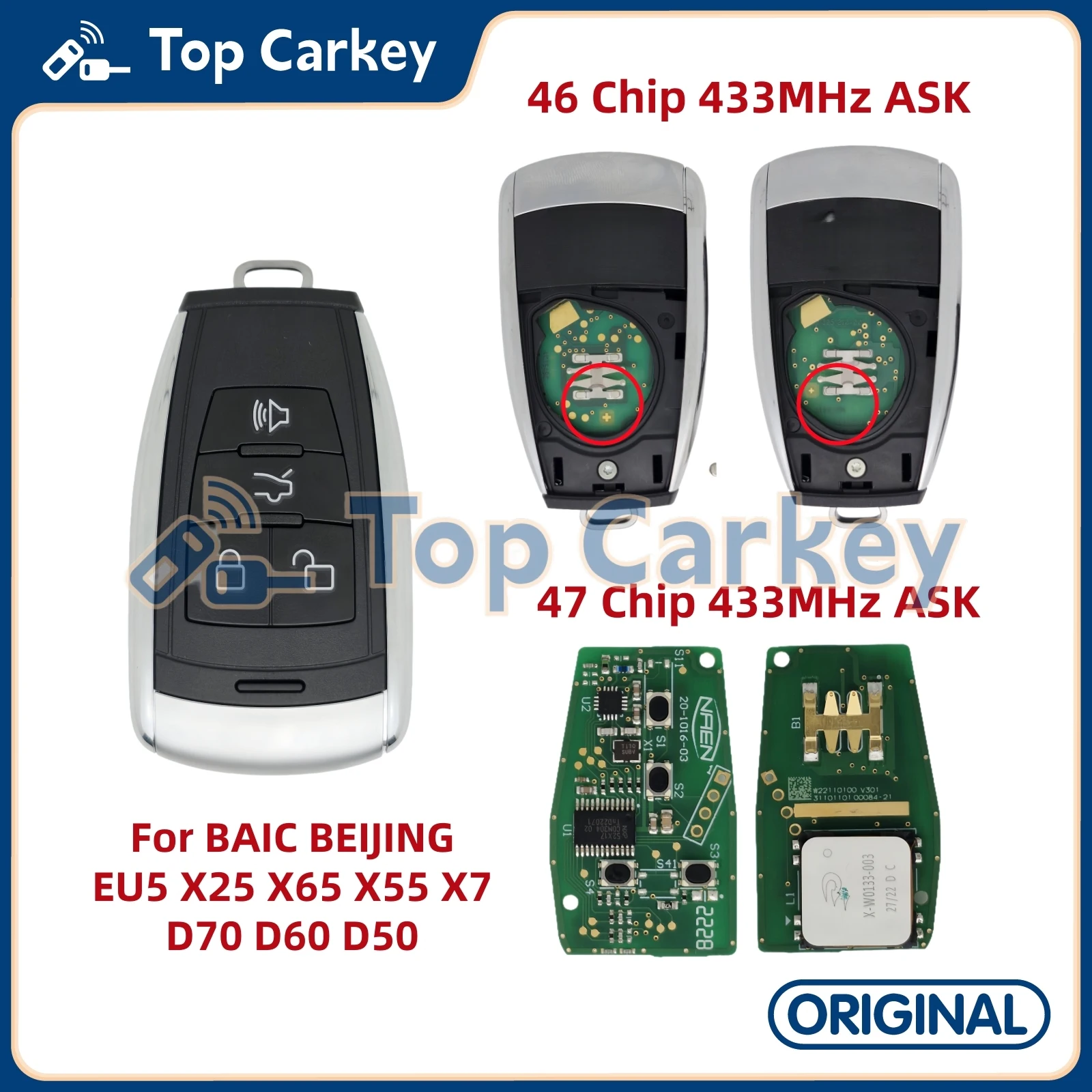 TopCarkey OEM Remote Key ID46 ID47 Chip 433MHz for BAIC BEIJING EU5 X25 X65 X55 X7 D70 D60 D50
TopCarkey OEM Remote Key ID46 ID47 Chip 433MHz for BAIC BEIJING EU5 X25 X65 X55 X7 D70 D60 D50
