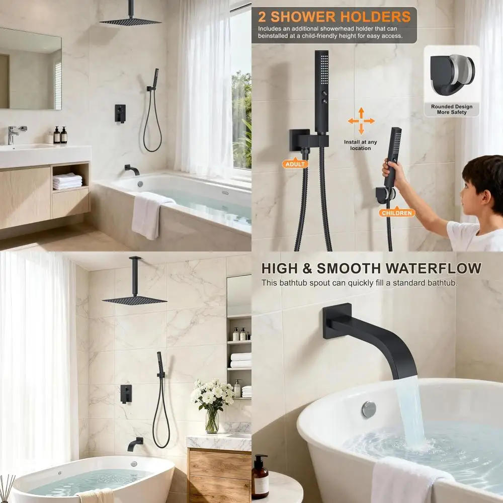 12 Rainfall & Handheld Shower Combo Set with Tub Spout, Ceiling Mount Mixer, Matte Black Finish
12 Rainfall & Handheld Shower Combo Set with Tub Spout, Ceiling Mount Mixer, Matte Black Finish