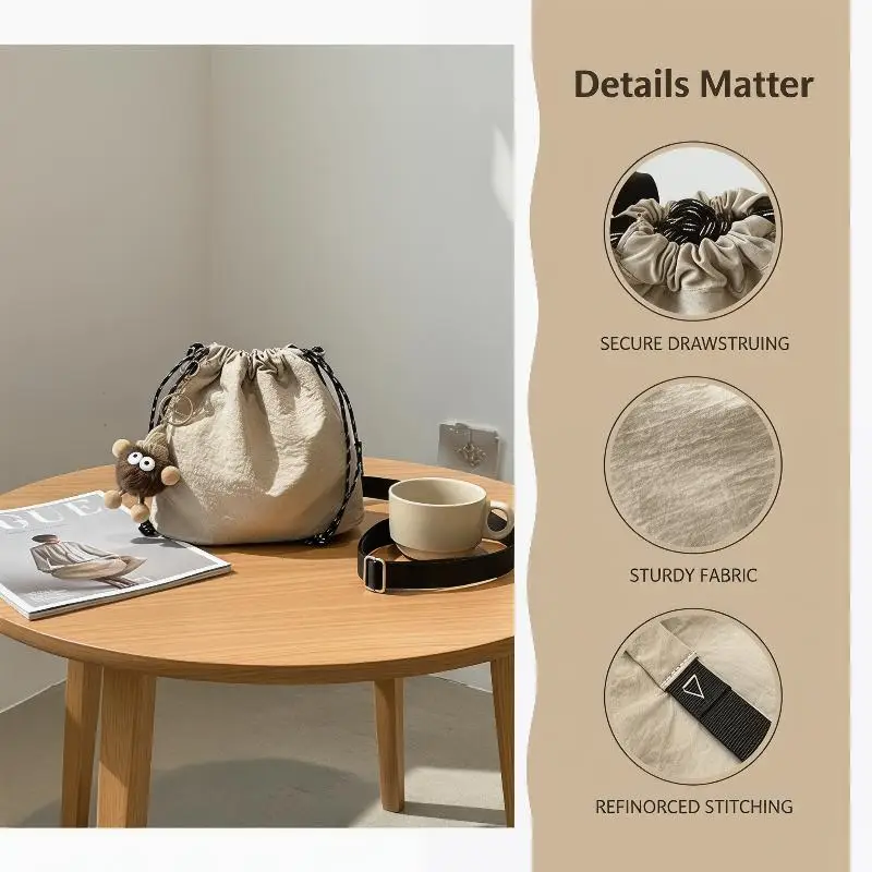 Nylon Drawstring Crossbody Bag With Cute Plush Charm Adjustable Strap For Daily Shopping Travel
Nylon Drawstring Crossbody Bag With Cute Plush Charm Adjustable Strap For Daily Shopping Travel