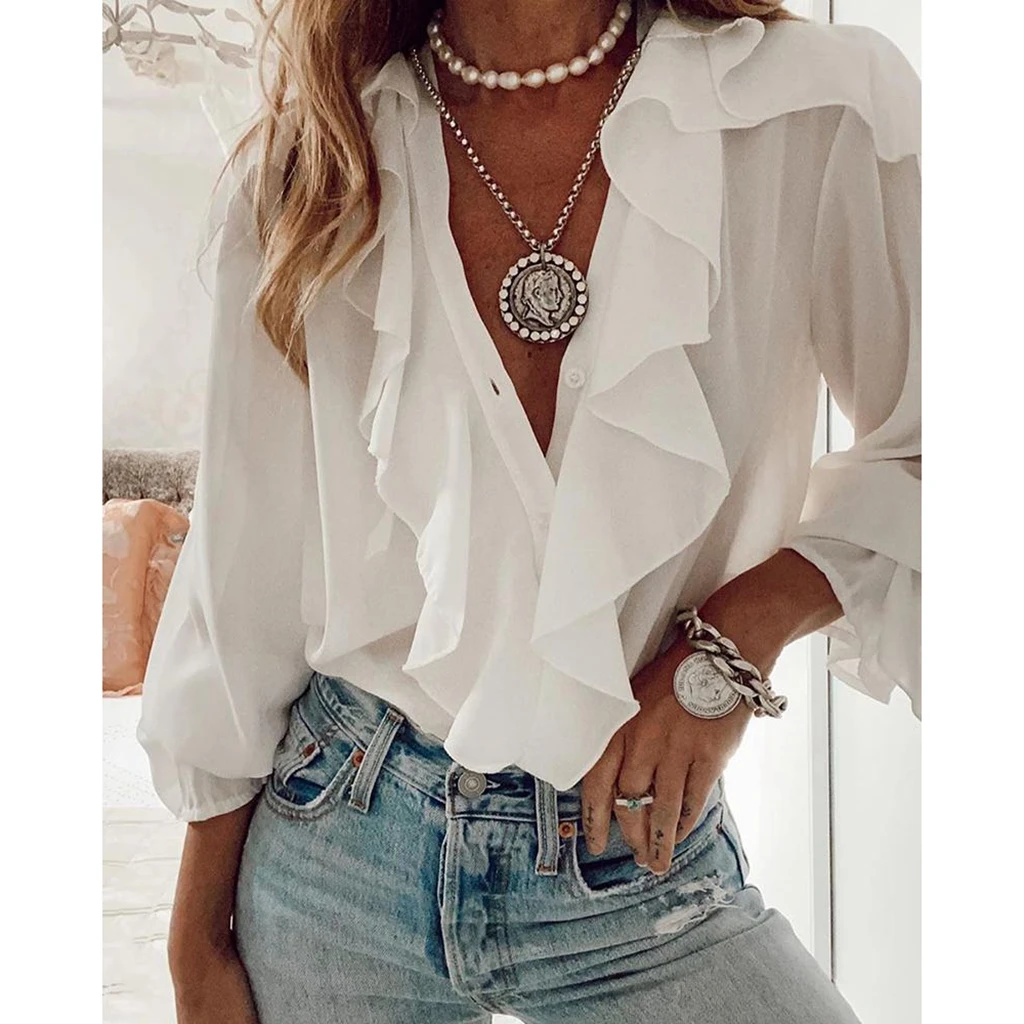 Combhasaki Women's Bohemian Button-down Ruffled Trim Shirts Solid Color/Letter//Plant Print V-neck Long Sleeve Blouses
Combhasaki Women's Bohemian Button-down Ruffled Trim Shirts Solid Color/Letter//Plant Print V-neck Long Sleeve Blouses
