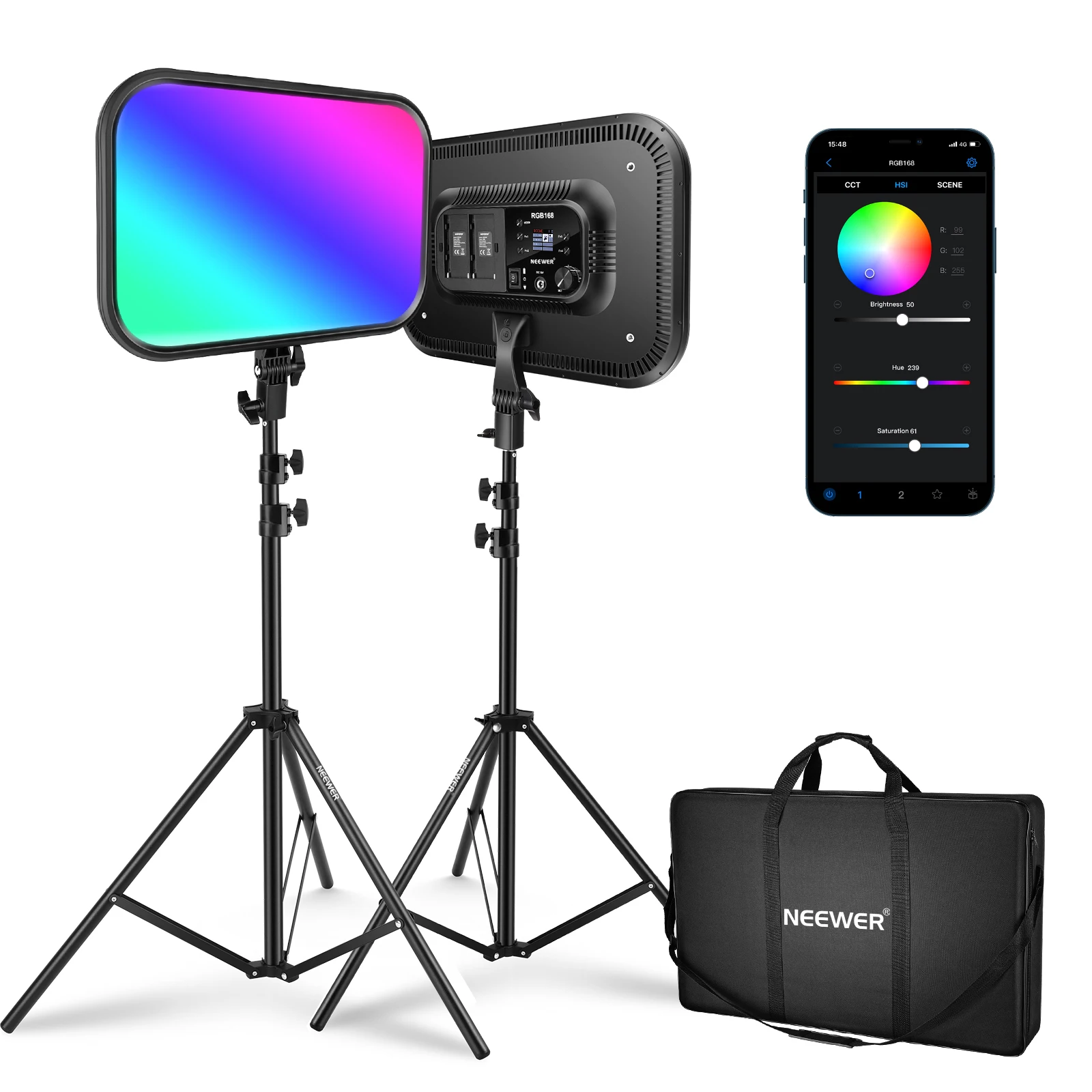 Neewer 18.3 RGB LED Video Light Panel With App Control Stand Kit, 60W Dimmable 2500K~8500K RGB168 LED Panel CRI 97+
Neewer 18.3 RGB LED Video Light Panel With App Control Stand Kit, 60W Dimmable 2500K~8500K RGB168 LED Panel CRI 97+