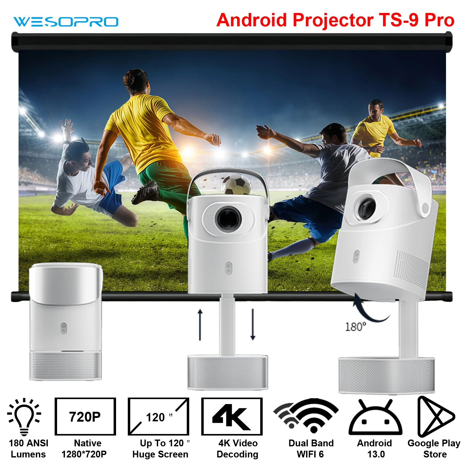 WESOPRO Smart Mini Gimbal Projector 4K Portable with Wifi 6 Bluetooth 5.0 Android 13 Auto Keystone Hidden Lifting Home Theater
WESOPRO Smart Mini Gimbal Projector 4K Portable with Wifi 6 Bluetooth 5.0 Android 13 Auto Keystone Hidden Lifting Home Theater