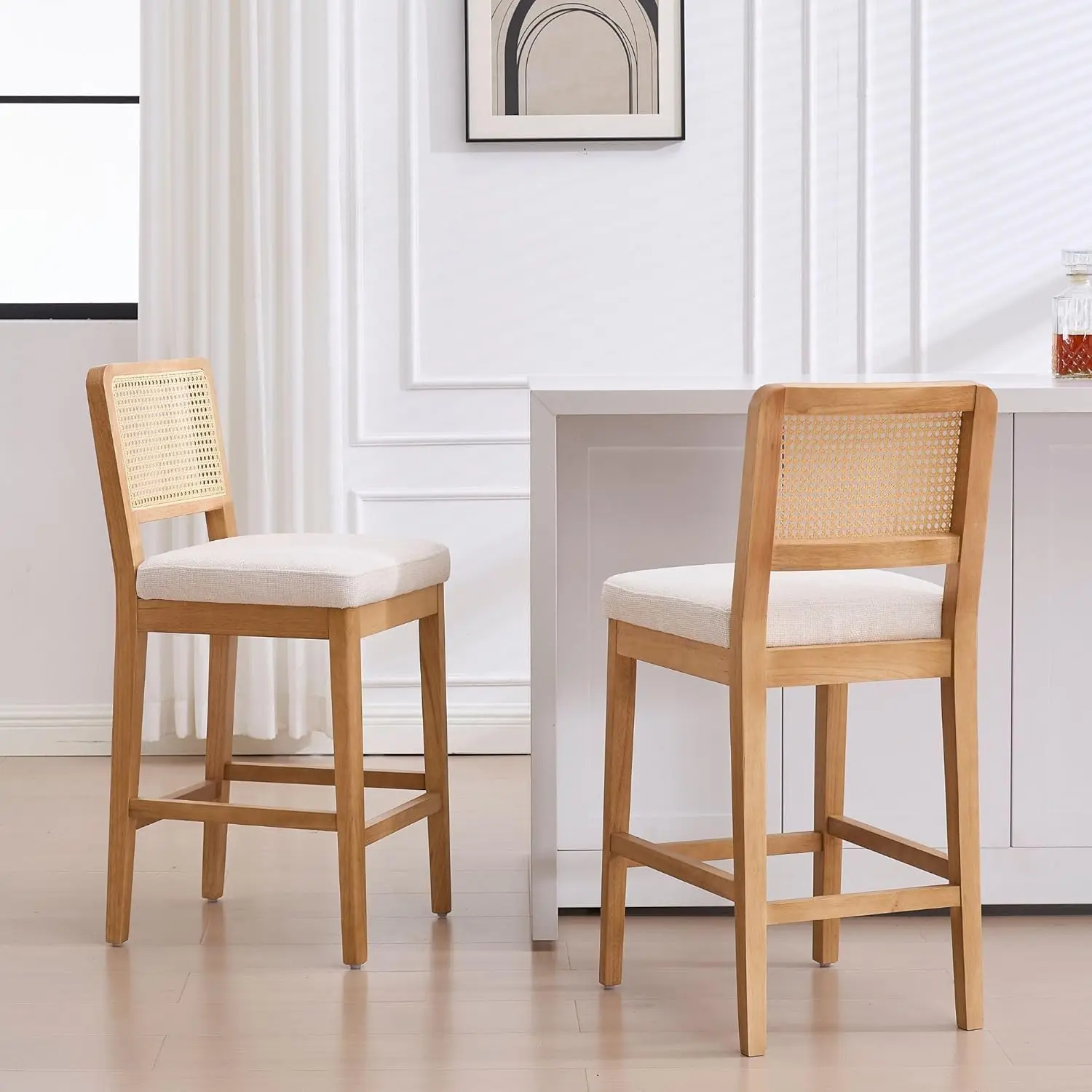 Counter Height Bar Stools 2pcs Rattan Back Upholstered Wooden Kitchen Island Chairs Beige, Customized
Counter Height Bar Stools 2pcs Rattan Back Upholstered Wooden Kitchen Island Chairs Beige, Customized