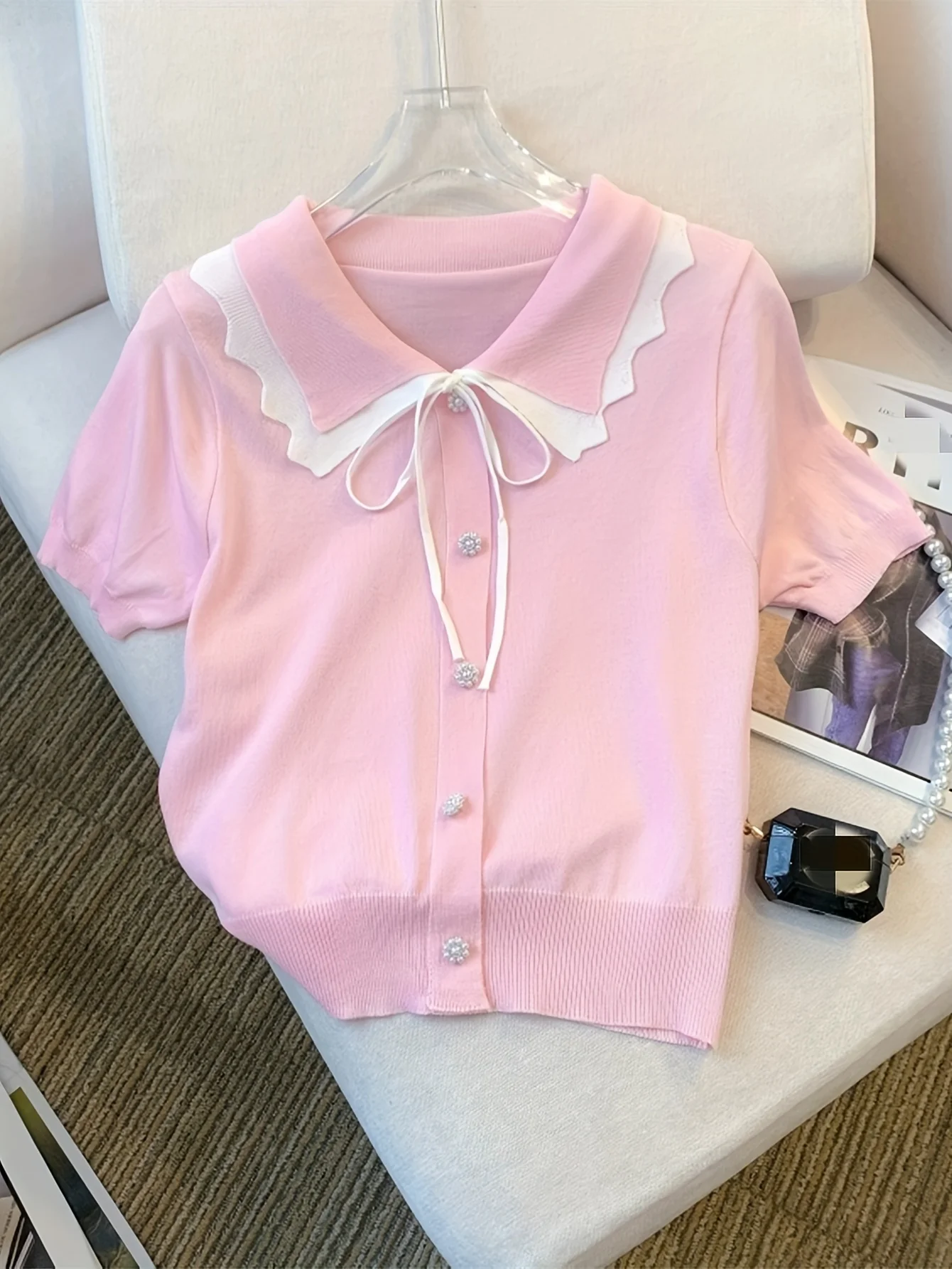 Spring Summer New Elegant Short Sleeve Female Sweater Lace Up Contrast Trim - Women Clothing
Spring Summer New Elegant Short Sleeve Female Sweater Lace Up Contrast Trim - Women Clothing