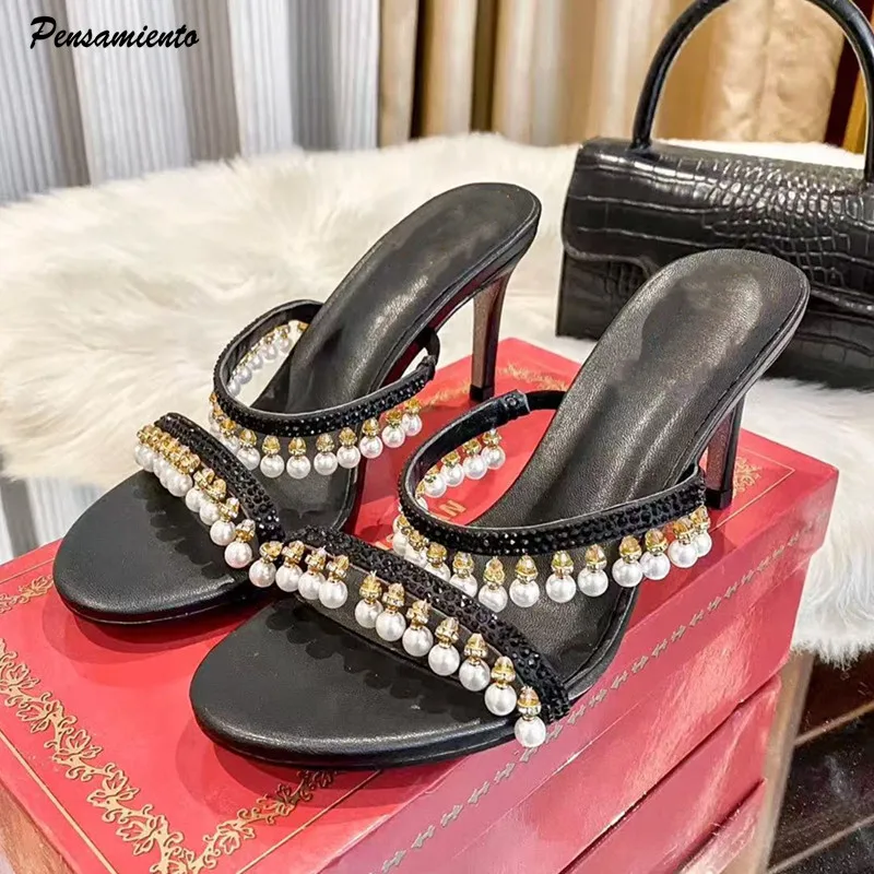 Luxury Crystal Pearls Pendant Tassel Women Slippers Sandals Sexy Narrow band Thin High heels Mules Slides Fashion Summer Shoes
Luxury Crystal Pearls Pendant Tassel Women Slippers Sandals Sexy Narrow band Thin High heels Mules Slides Fashion Summer Shoes