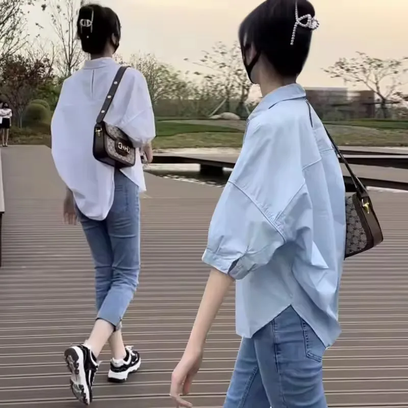 Korean Cotton Mid-sleeve Thin Women Blouses 2025 New Summer Loose Fashion Irregular Shirt Casual Vacation Top Women's Clothes
Korean Cotton Mid-sleeve Thin Women Blouses 2025 New Summer Loose Fashion Irregular Shirt Casual Vacation Top Women's Clothes