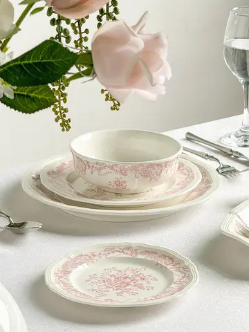 French Style Pink Flower Ceramic Plates Vintage Household Biscuit Bread Dishs High Quality Restaurant Dessert Tableware