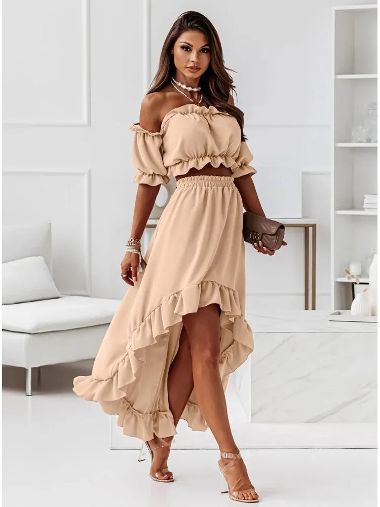 2 Piece Set Summer Women Skirt Set Solid Color Ruffle Shoulder-less Short Top Irregular Skirts Sets 2025 Lady Streetwear Outfiit
2 Piece Set Summer Women Skirt Set Solid Color Ruffle Shoulder-less Short Top Irregular Skirts Sets 2025 Lady Streetwear Outfiit