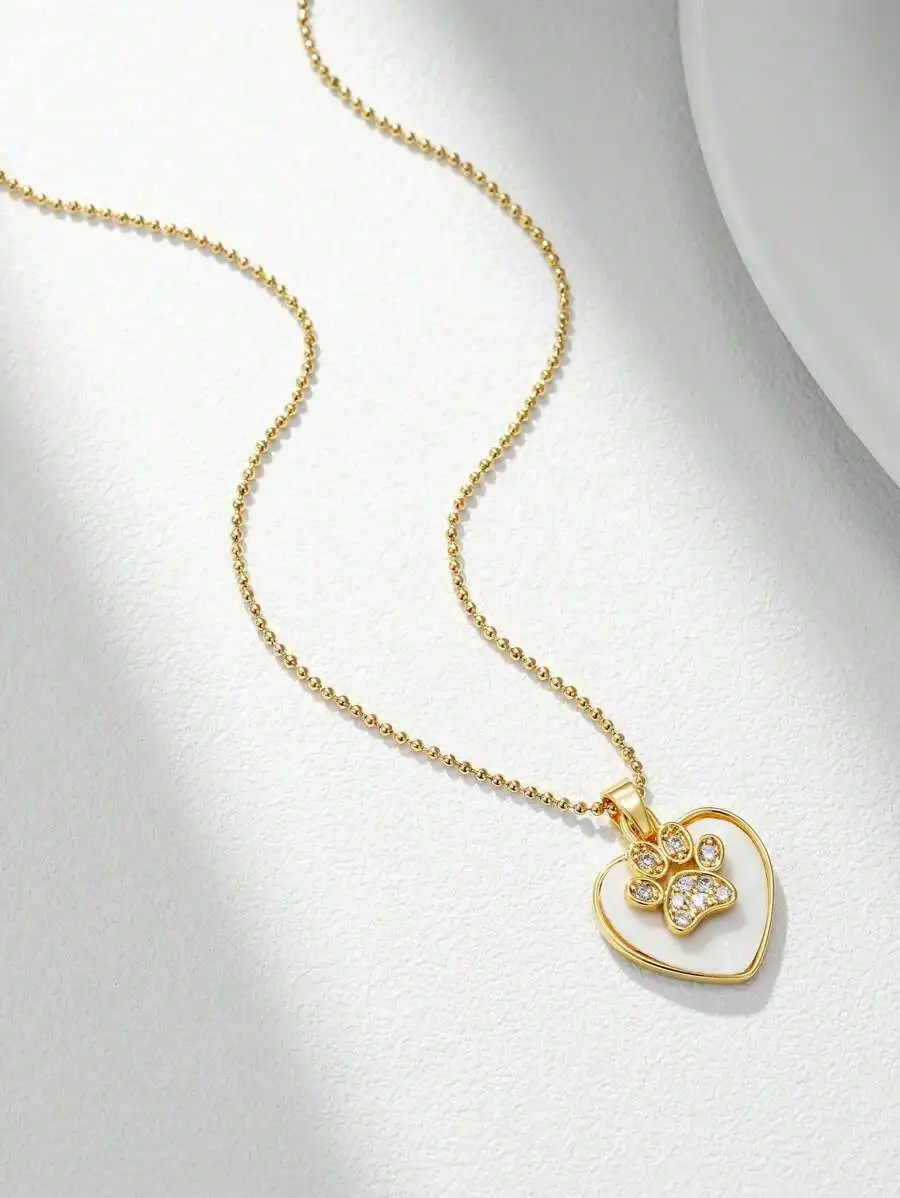 Gold Plated Stainless Steel Pendant Necklace With Rhinestone Paw Print Heart Charm For Adults
Gold Plated Stainless Steel Pendant Necklace With Rhinestone Paw Print Heart Charm For Adults