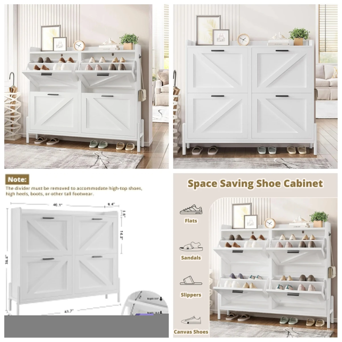Farmhouse Shoe Storage Cabinet with 4 Flip Drawers, Freestanding Shoe Organizer with Adjustable Shelf for Entryway, Customized
Farmhouse Shoe Storage Cabinet with 4 Flip Drawers, Freestanding Shoe Organizer with Adjustable Shelf for Entryway, Customized