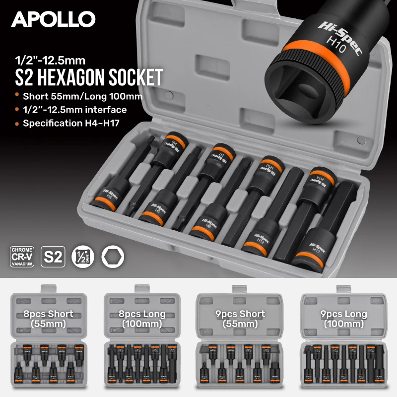  Набор головок Apollo 1/2 дюйма, шестигранные биты, пневматический шестигранный отверт H4-H17, набор хромированных головок для ремонта автомобилей, ручной инструмент
Набор головок Apollo 1/2 дюйма, шестигранные биты, пневматический шестигранный отверт H4-H17, набор хромированных головок для ремонта автомобилей, ручной инструмент