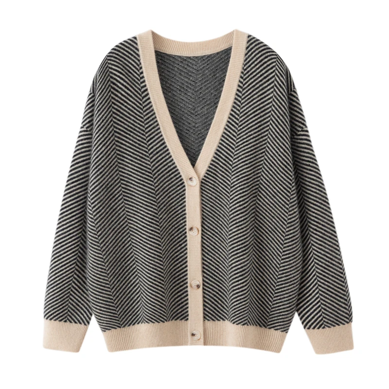 Women's 100% Cashmere Sweater V-neck Cardigan Thick Striped Cashmere Knitwear Autumn Winter Fashion Loose Pure Cashmere Coat Top
Women's 100% Cashmere Sweater V-neck Cardigan Thick Striped Cashmere Knitwear Autumn Winter Fashion Loose Pure Cashmere Coat Top