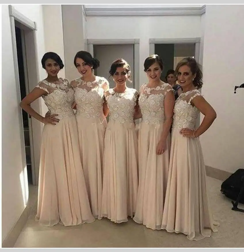 Elegant African Lace Appliques Maid of Honor Dress Formal Gowns Floor Length Cap Sleeves Champagne Bridesmaid Dresses
Elegant African Lace Appliques Maid of Honor Dress Formal Gowns Floor Length Cap Sleeves Champagne Bridesmaid Dresses