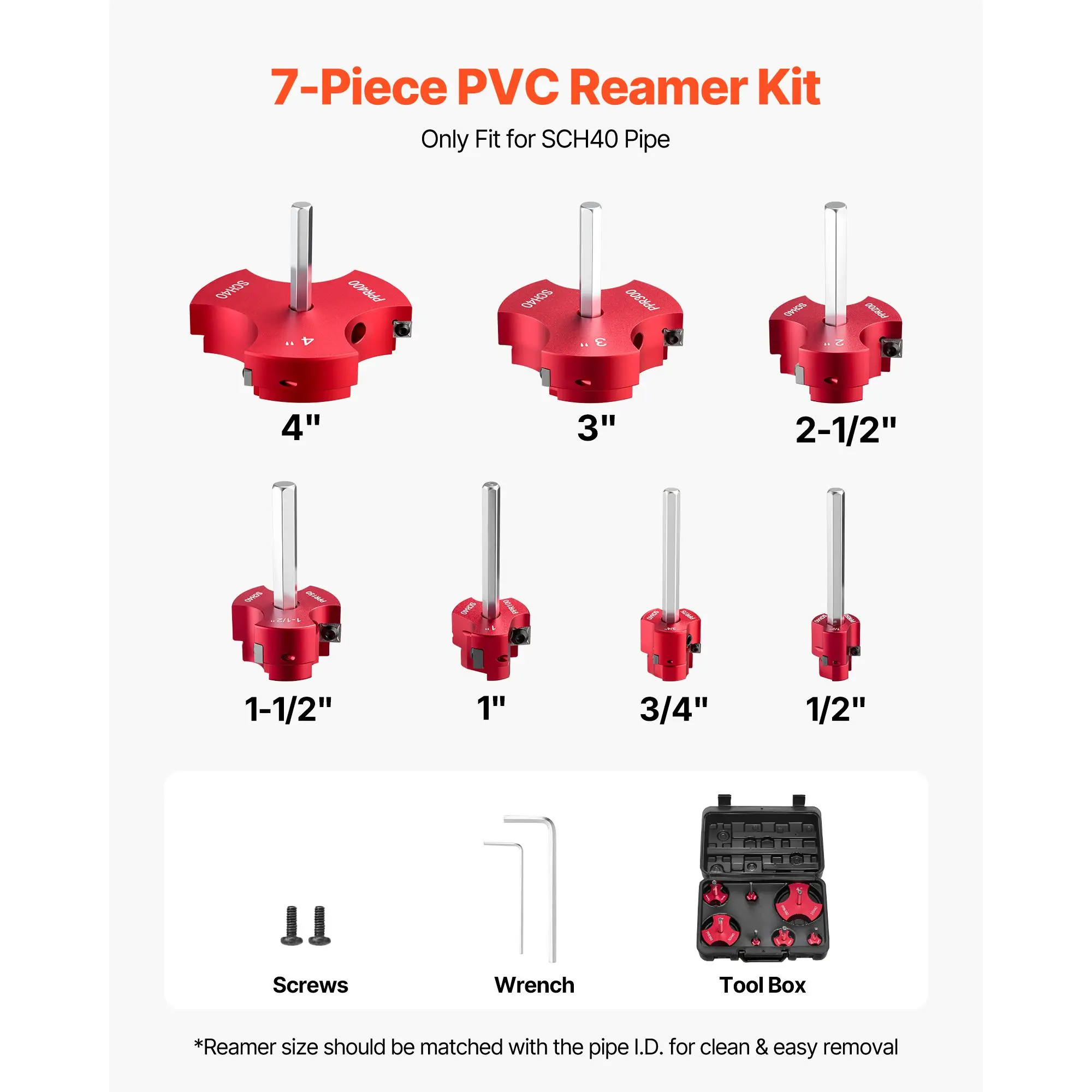 PVC Pipe Reamer Kit, 7-Piece, 3 Blades PVC Fitting Socket Saver, Includes 1/2", 3/4", 1", 1-1/2", 2", 3", 4", Fits Standard 1/2" Drills, Plumbing Tool Kit for SCH40 ABS CPVC Vent Drain Pipes
PVC Pipe Reamer Kit, 7-Piece, 3 Blades PVC Fitting Socket Saver, Includes 1/2", 3/4", 1", 1-1/2", 2", 3", 4", Fits Standard 1/2" Drills, Plumbing Tool Kit for SCH40 ABS CPVC Vent Drain Pipes