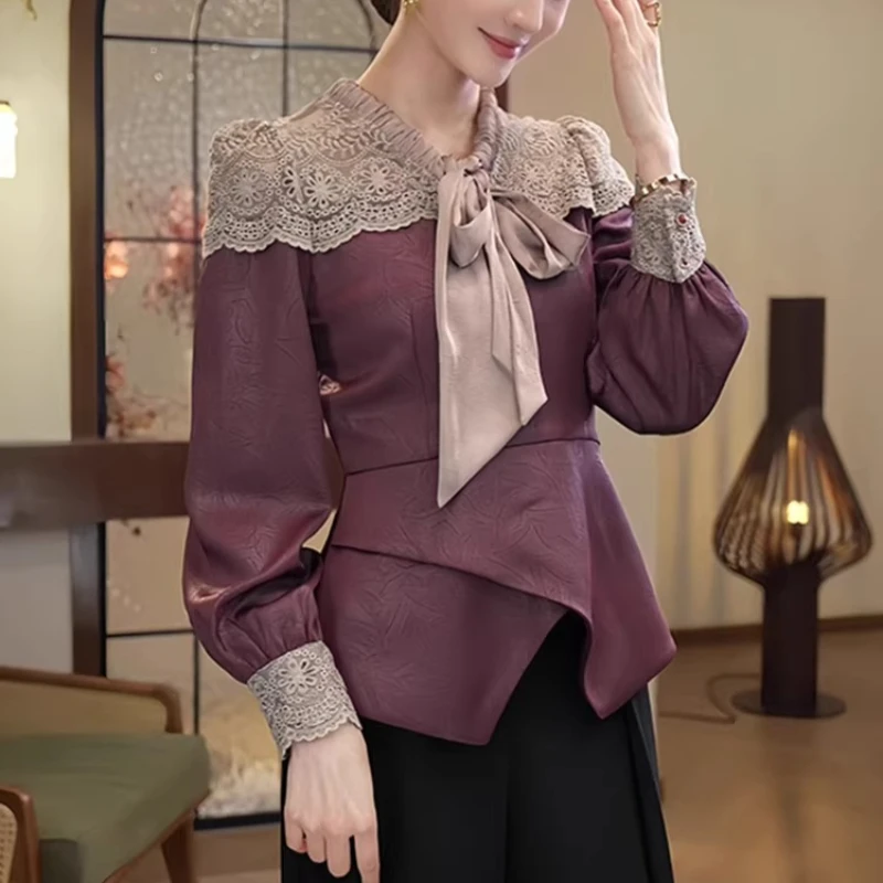 Spring Fall Women Lace Patchwork Bow Purple Imitation Silk Top Shirt , Woman Elegant Clothes Tops Shirts
Spring Fall Women Lace Patchwork Bow Purple Imitation Silk Top Shirt , Woman Elegant Clothes Tops Shirts