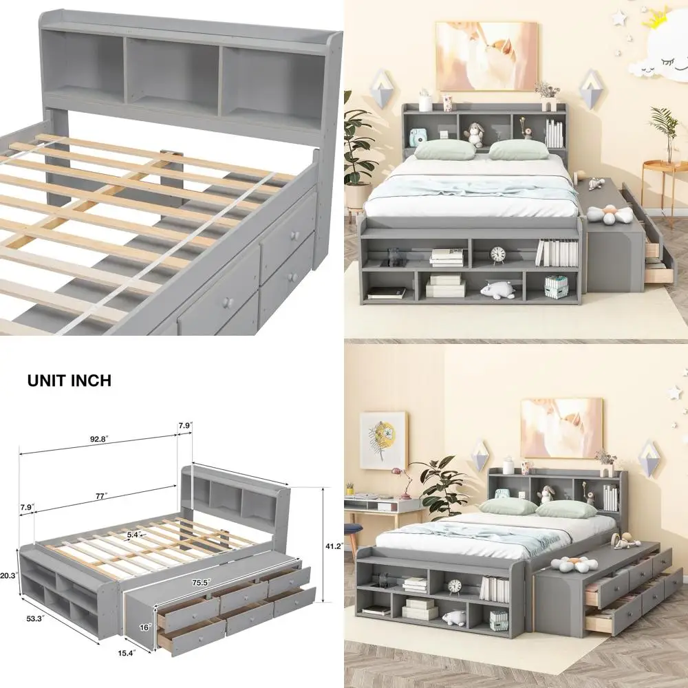 Gray Solid Wood Platform Bed with Storage, Bookcase, and Drawers for Kids
Gray Solid Wood Platform Bed with Storage, Bookcase, and Drawers for Kids