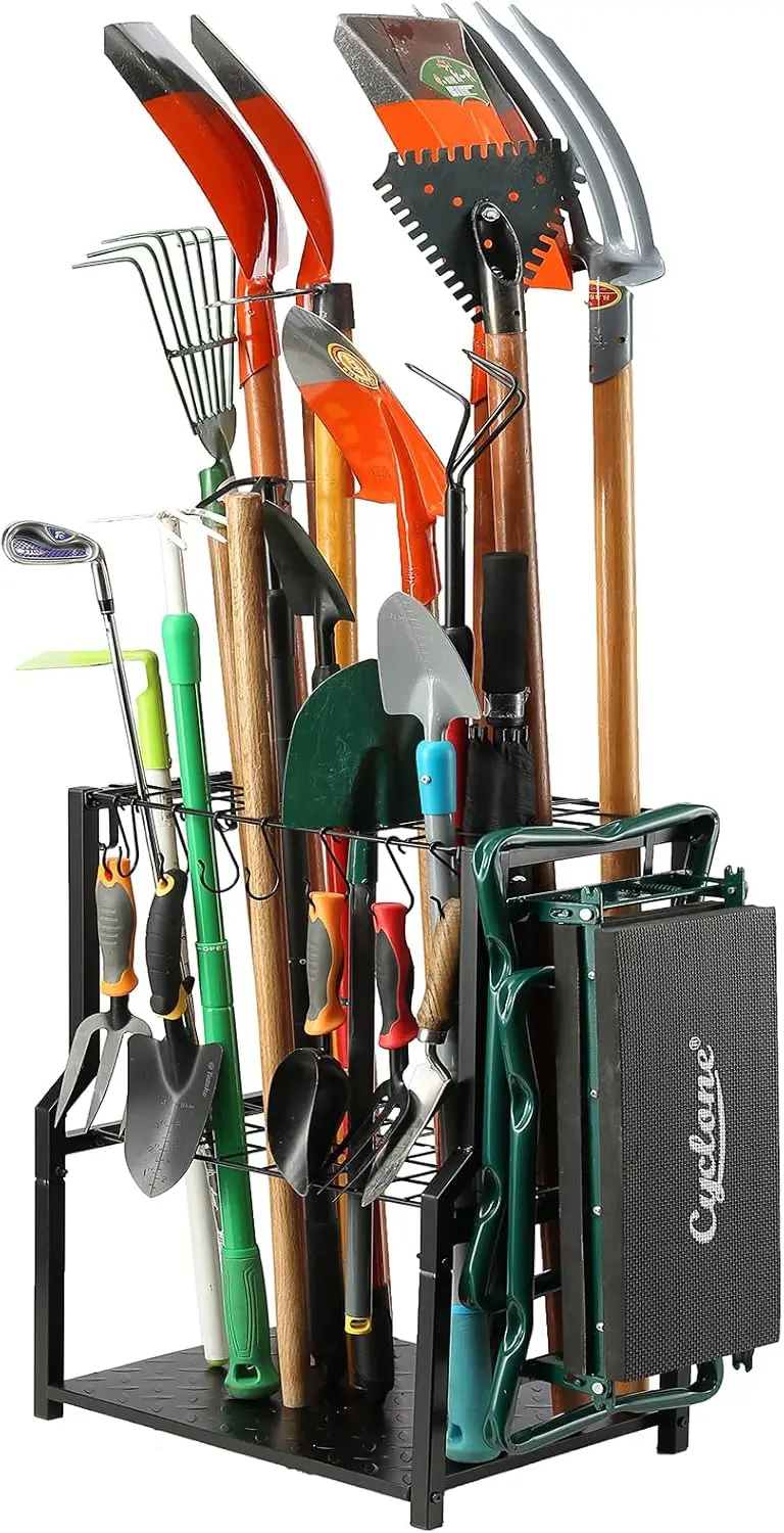 Heavy Duty Garden Tool Organizer, All Metal Free Standing Rack for Long Handle Tools, Brooms, Rakes with Extra Hooks