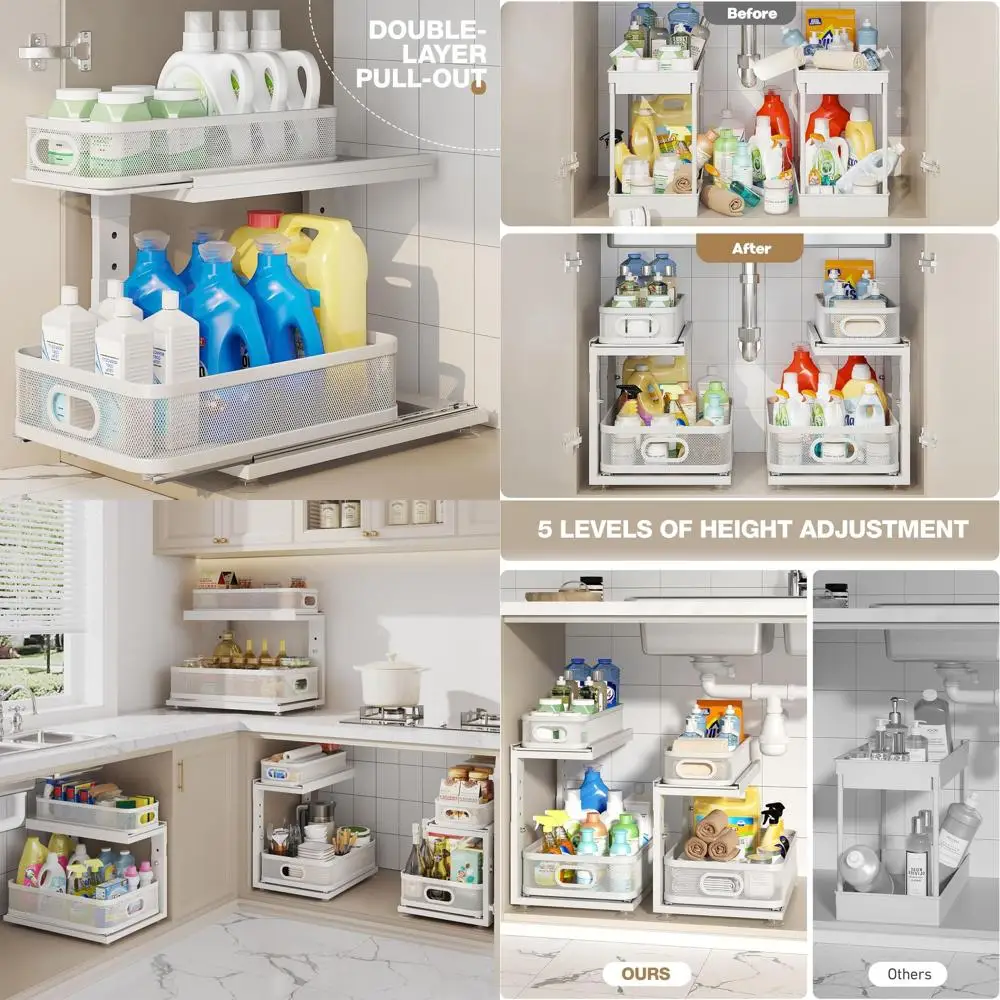 Dual-Tier Adjustable Height Sink Organizer with Ball-Bearing Slides for Kitchen and Bathroom Storage
Dual-Tier Adjustable Height Sink Organizer with Ball-Bearing Slides for Kitchen and Bathroom Storage