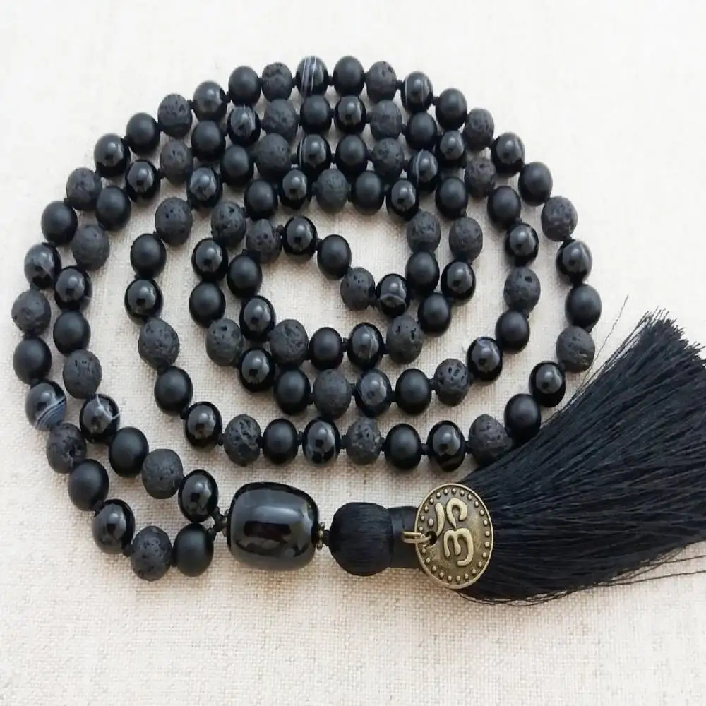 Natural Lava Rock & Black Onyx 108 Beads Mala Necklace with Om Charm & Black Tassel Spiritual Meditation Jewelry
Natural Lava Rock & Black Onyx 108 Beads Mala Necklace with Om Charm & Black Tassel Spiritual Meditation Jewelry