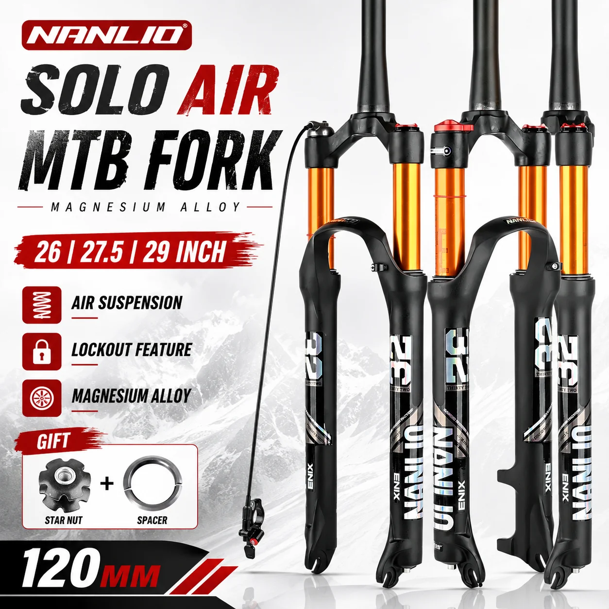 NANLIO Solo Air MTB Suspension Fork 26 27.5 29 Inch Magnesium Alloy Mountain Bike Fork Straight Tapered Steerer Lockout
NANLIO Solo Air MTB Suspension Fork 26 27.5 29 Inch Magnesium Alloy Mountain Bike Fork Straight Tapered Steerer Lockout