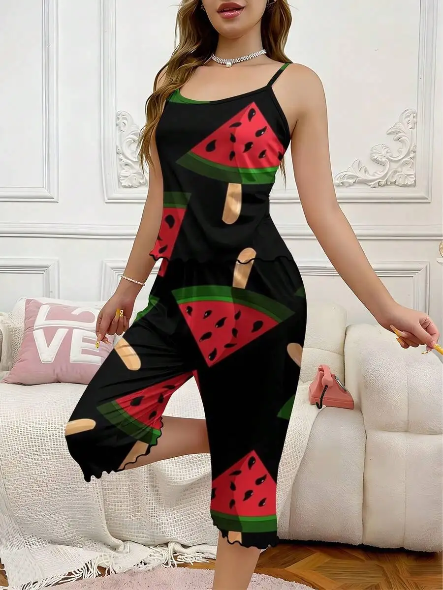 Womens Watermelon Print Two-Piece Pajama Set Black Polyester Sleepwear
Womens Watermelon Print Two-Piece Pajama Set Black Polyester Sleepwear