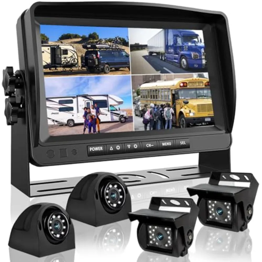 RV trailer semi truck backup camera system: 9'' quad-split 1080P monitor, 4x AHD rear/side cameras, DVR recording, night vision
RV trailer semi truck backup camera system: 9'' quad-split 1080P monitor, 4x AHD rear/side cameras, DVR recording, night vision