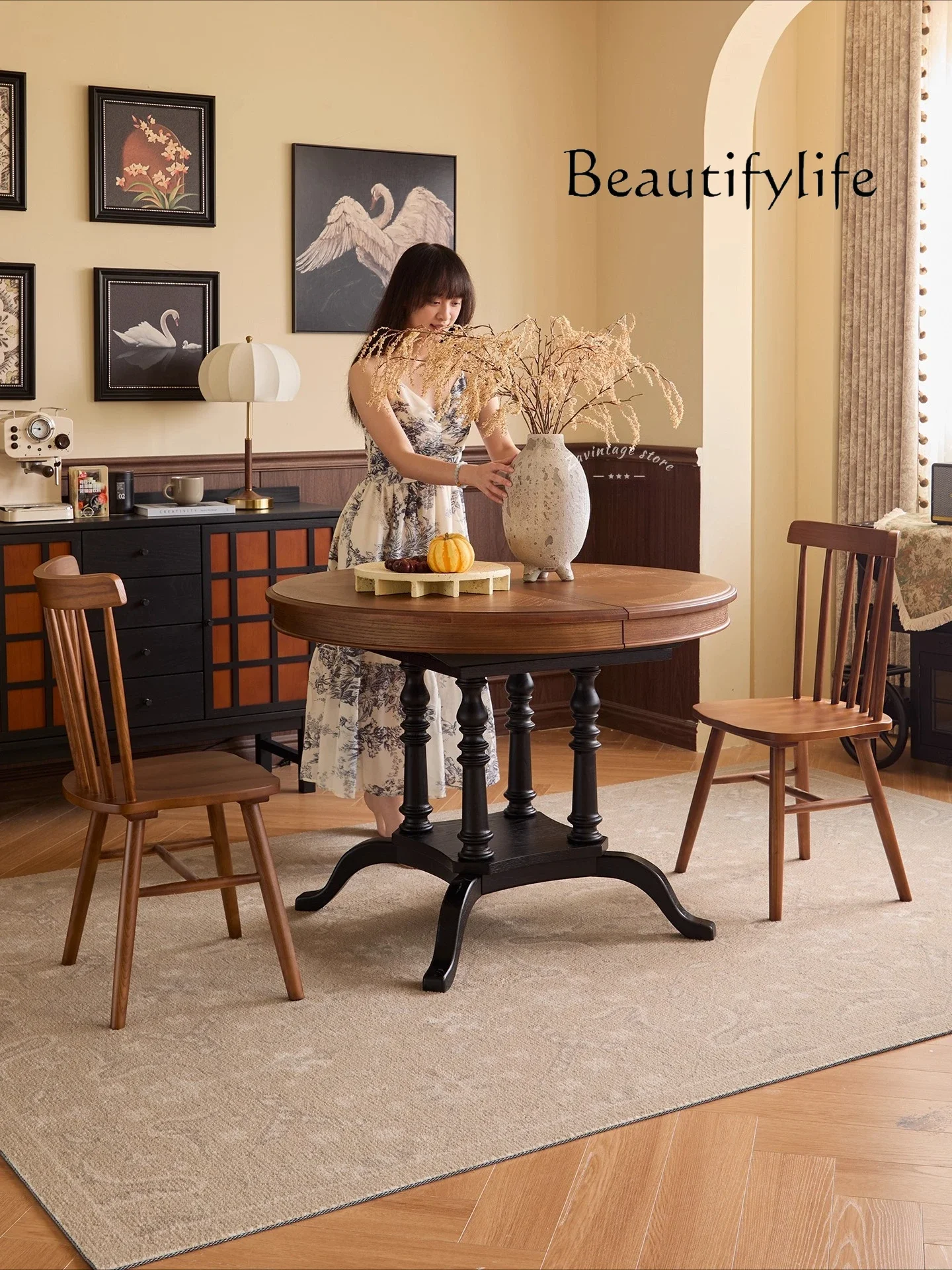 N44 French retro home solid wood retractable dining table and chairs American medieval style living room small apartment foldabl
N44 French retro home solid wood retractable dining table and chairs American medieval style living room small apartment foldabl