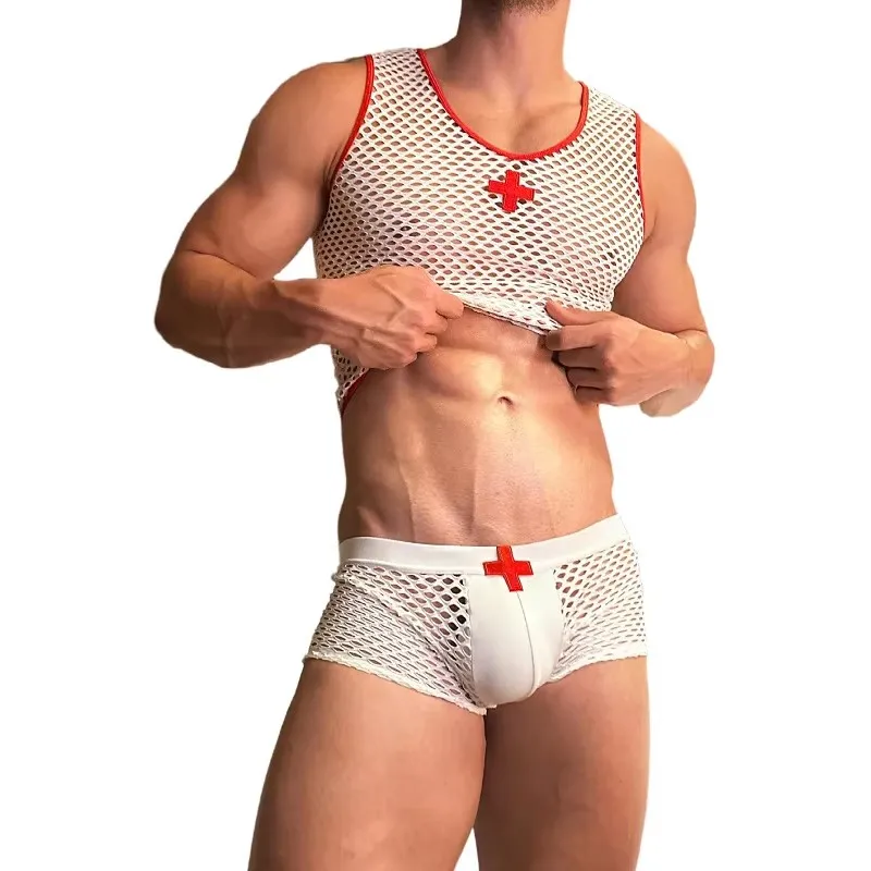 2025 Men's Erotic Lingerie: White Mesh Tank Top & Red Cross Boxer Briefs, Sexy Male Nurse Costume Set
2025 Men's Erotic Lingerie: White Mesh Tank Top & Red Cross Boxer Briefs, Sexy Male Nurse Costume Set