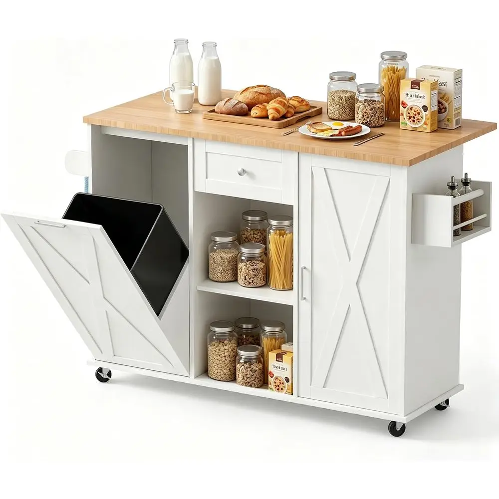52-Inch Kitchen Island with Storage, Drop Leaf, Rolling Cart, Trash Bin, Spice Rack, and Towel Bar
52-Inch Kitchen Island with Storage, Drop Leaf, Rolling Cart, Trash Bin, Spice Rack, and Towel Bar