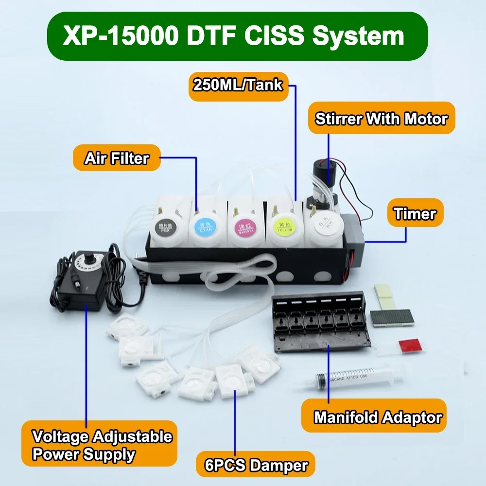 XP-15000 DTF СНПЧ с демпфером коллектора без чипа Резервуар для белых чернил Мешалка Миксер XP-15000 Управление таймером XP15000 Комплект СНПЧ DTF
XP-15000 DTF СНПЧ с демпфером коллектора без чипа Резервуар для белых чернил Мешалка Миксер XP-15000 Управление таймером XP15000 Комплект СНПЧ DTF