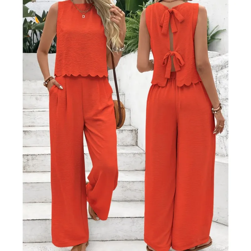 Summer Casual Home 2 Piece Set For Women 2025 Fashion Solid Sleeveess Lace Up Top And Wide Leg Pants Two Piece Set Tracksuit
Summer Casual Home 2 Piece Set For Women 2025 Fashion Solid Sleeveess Lace Up Top And Wide Leg Pants Two Piece Set Tracksuit